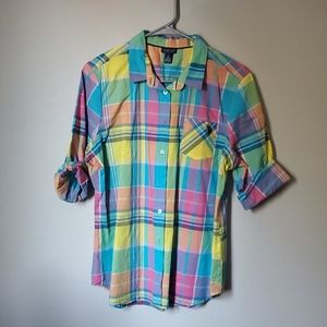 Women's long sleeve rainbow plaid blouse